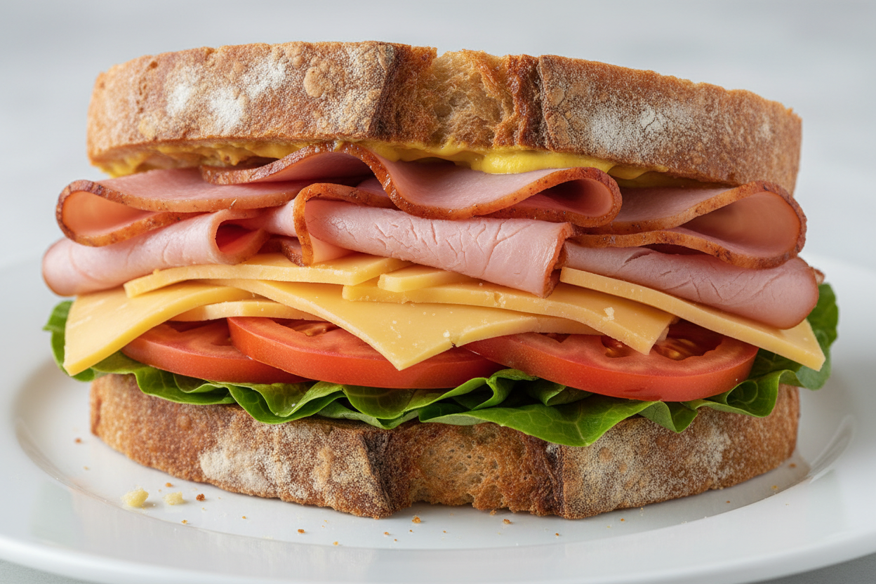 Classic honey ham, sharp cheddar, crisp veggies & tangy mustard - a timeless favorite! ham and cheese sandwich