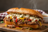 Juicy pulled shredded steak, caramelized onions, peppers &amp; gooey provolone on a toasted hoagie! shedded beef hoagie