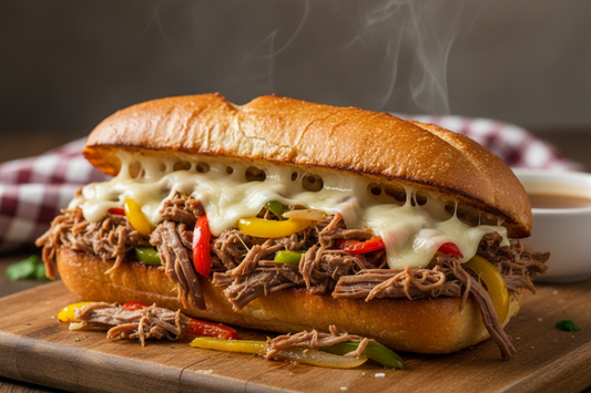 Juicy pulled shredded steak, caramelized onions, peppers &amp; gooey provolone on a toasted hoagie! shedded beef hoagie