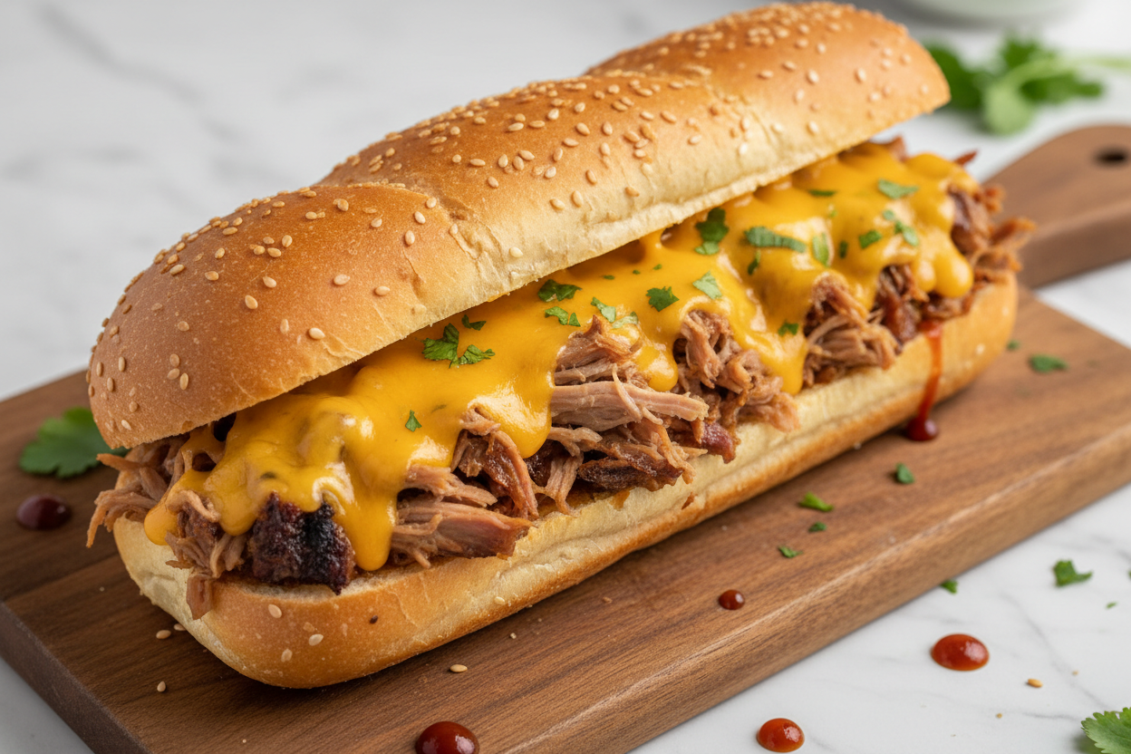 Roasted pulled pork with cheese and a fresh hoagie bun. pulled pork hoagie