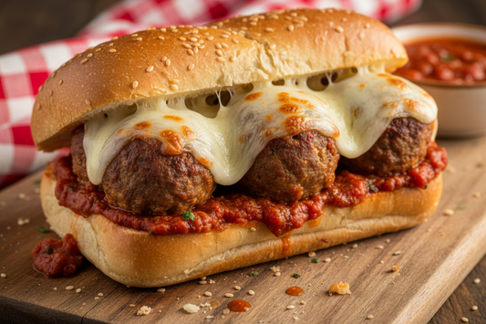 Tender homemade meatballs smothered in rich marinara, topped with melted mozzarella on a fresh bakery bun. meatball sub